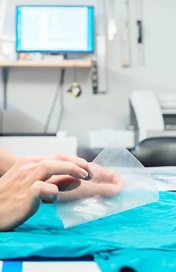 Transferfolie wird auf türkises Textil aufgebracht